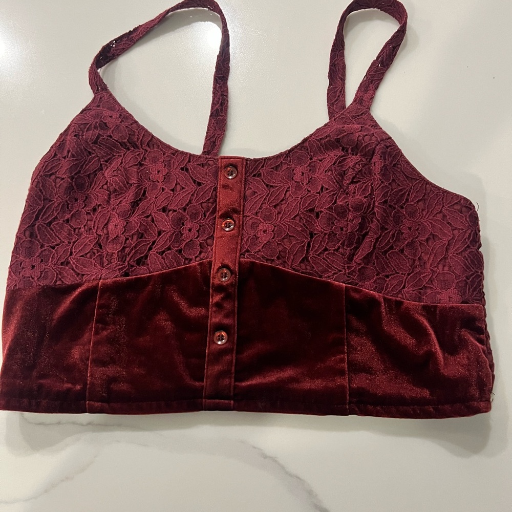 Chic Burgundy Lace and Velvet Crop Top. Size M